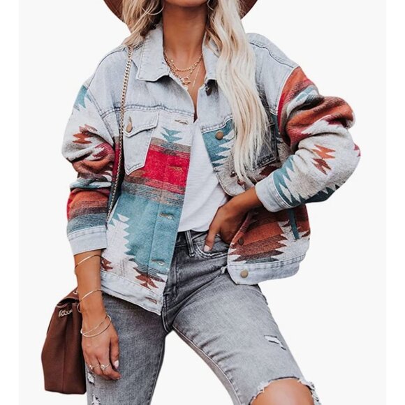 Multicolor‎ Aztec Tribal Print Button Down Denim Jean Jacket Coat Shacket - Picture 6 of 7